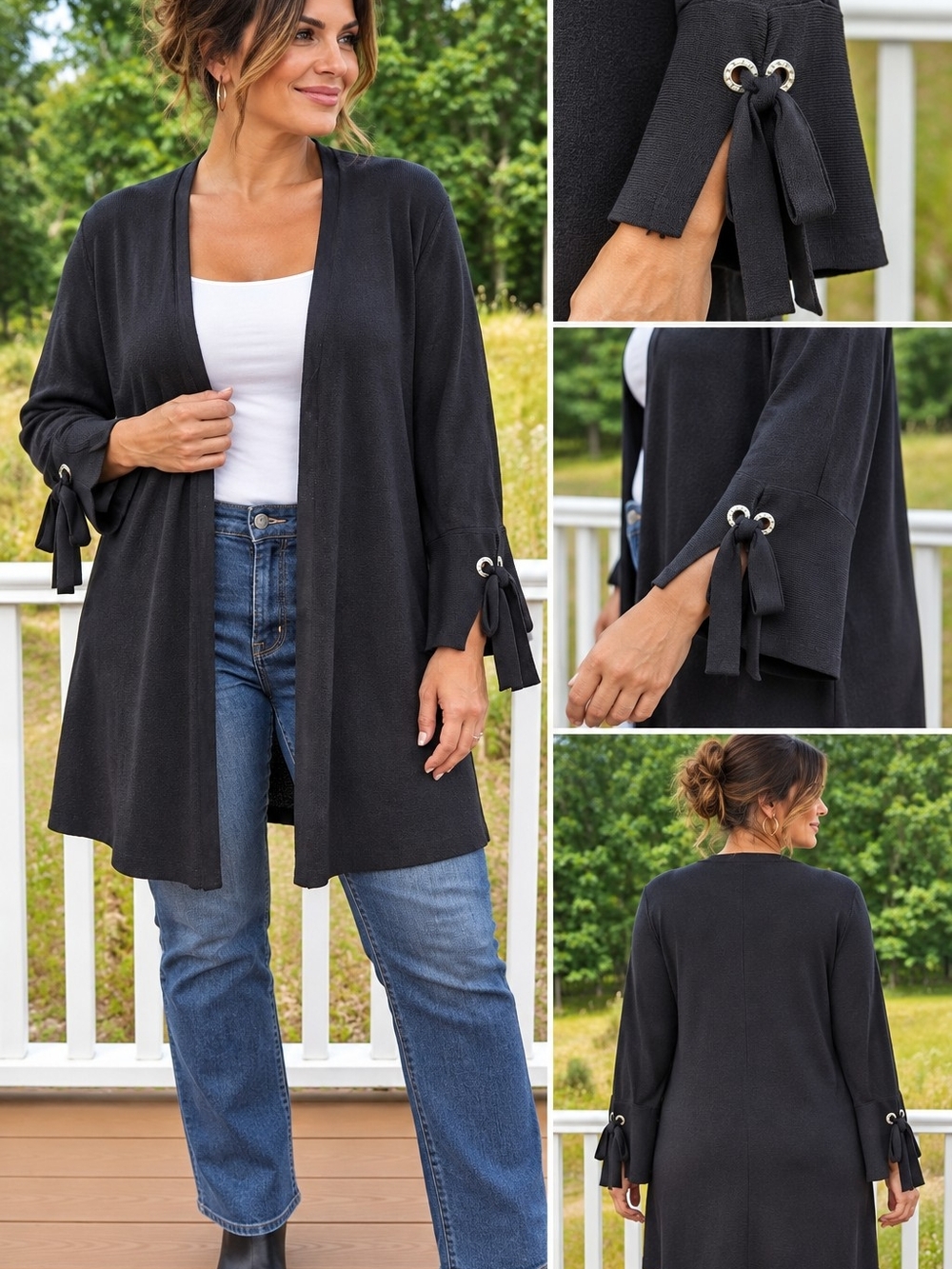 INC International Concepts Black Open-Front Cardigan with Grommet Tie Cuffs